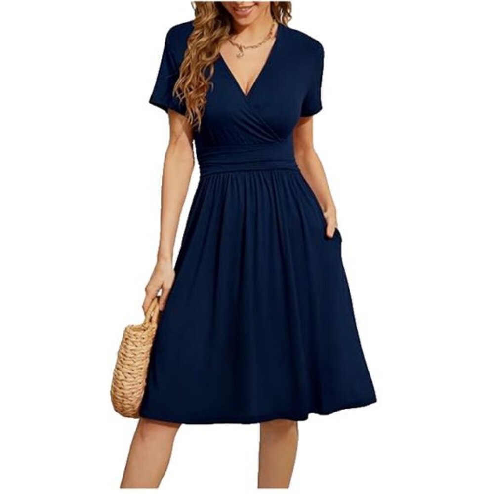 NEW WEACZZY Women's Navy Blue Short Sleeve Casual V-Neck Dress with Pockets M